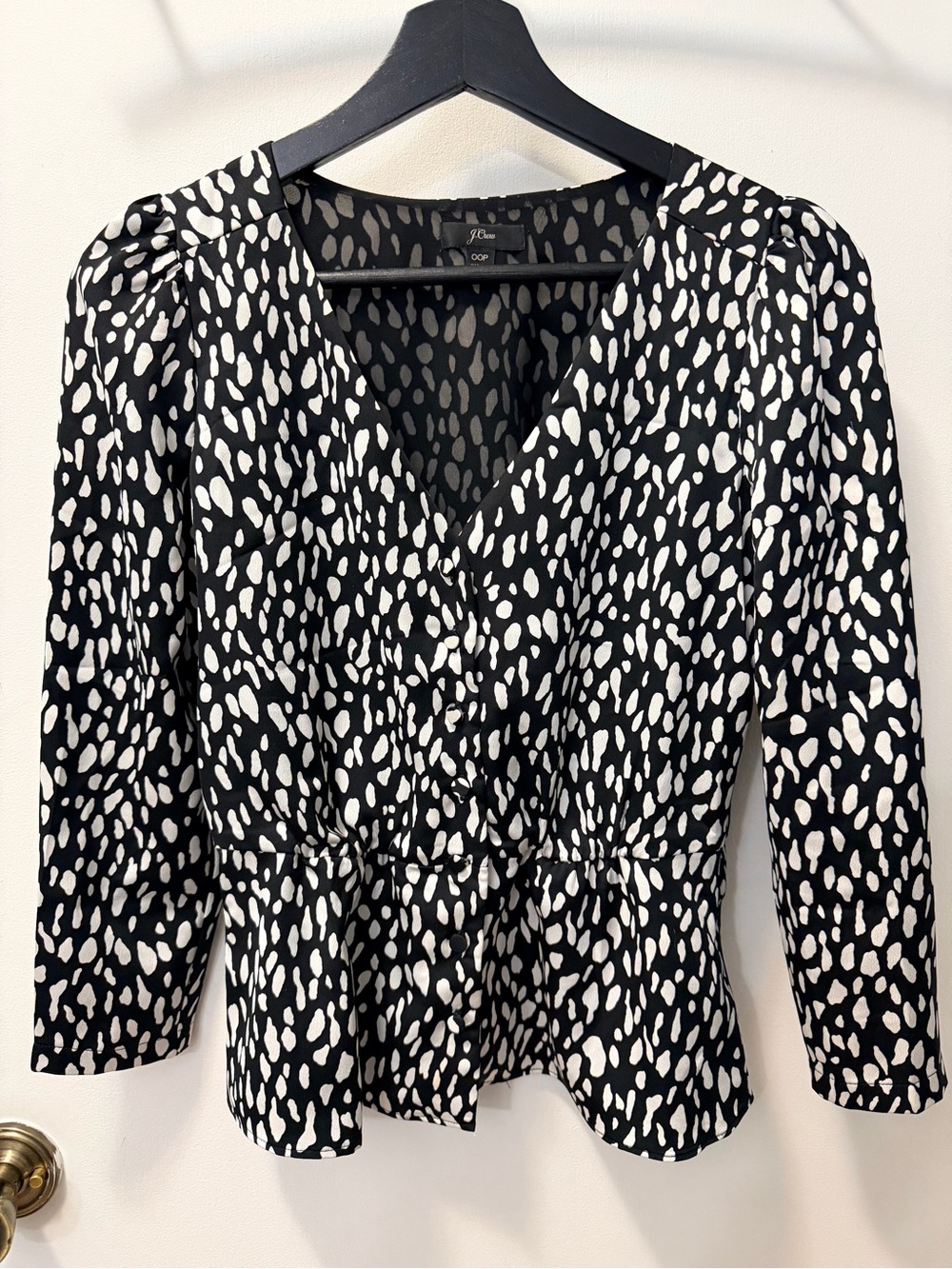 J. Crew Black and White V-Neck Peplum Blouse